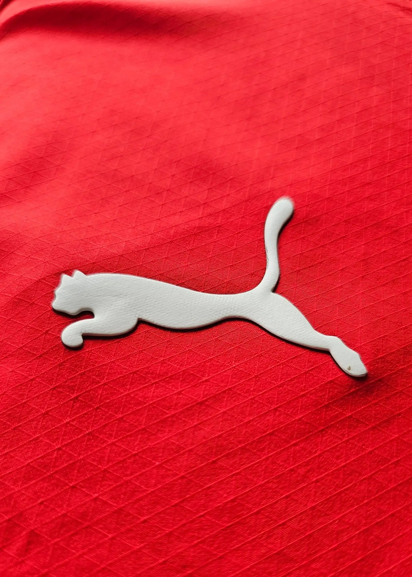 Crest detail featuring the white Puma logo on a red football shirt.