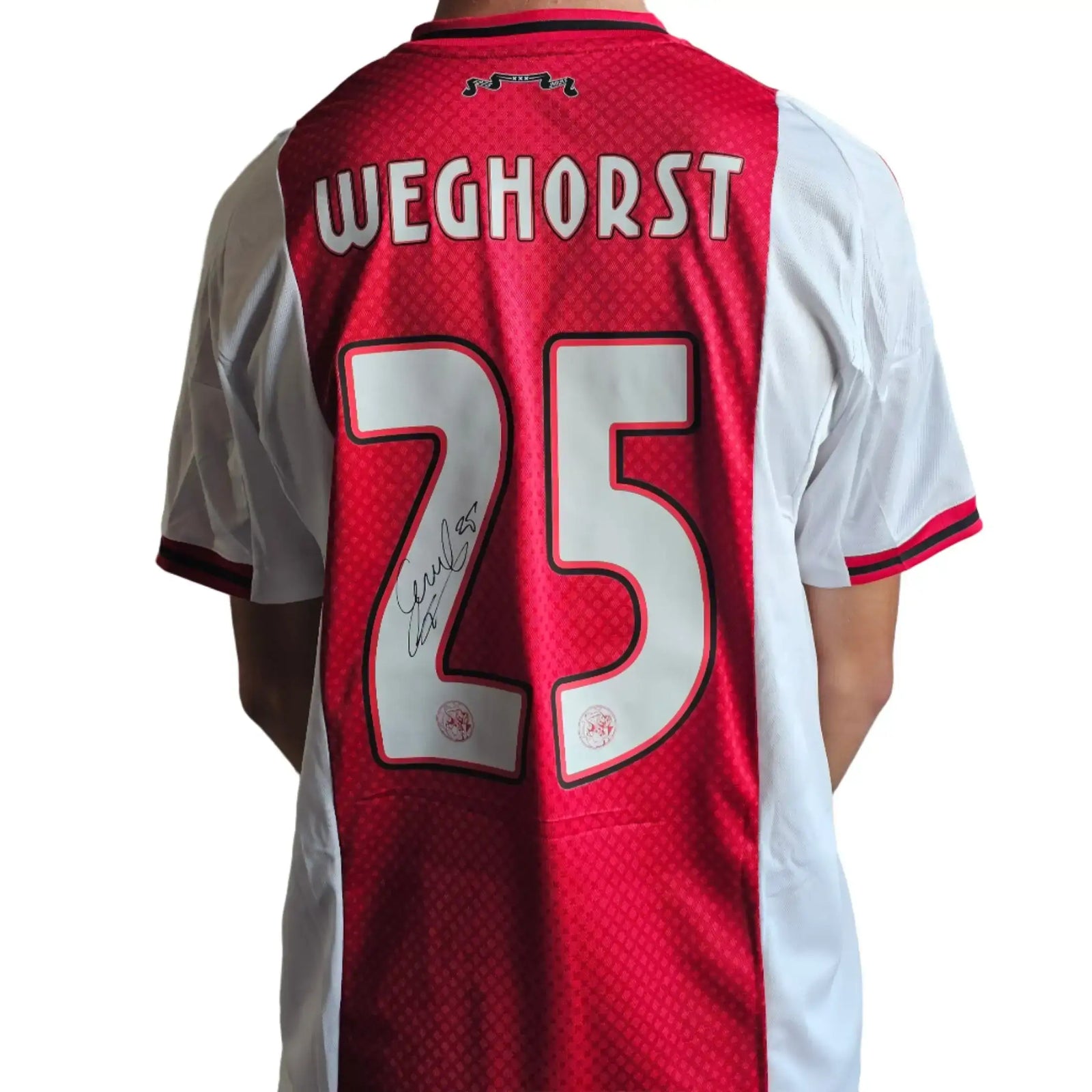 AFC Ajax football shirt in red and white, featuring the name WEGHORST, No. 25, and a visible signature.