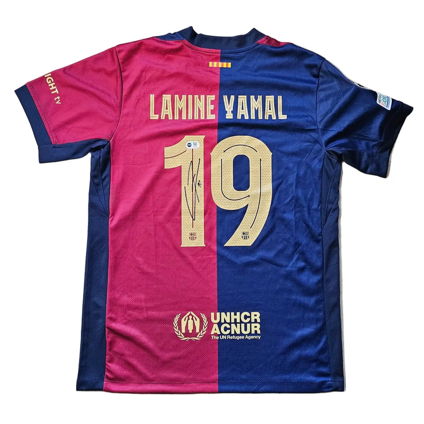 Signed Lamine Yamal 19 FC Barcelona shirt in blue and red with UNHCR sponsor.