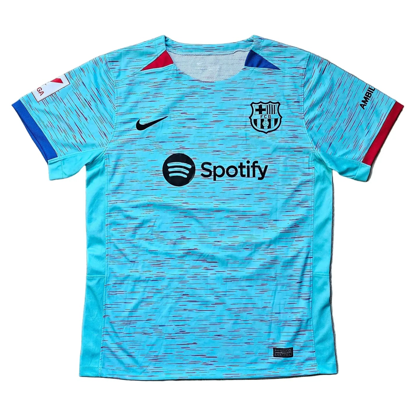 Lamine Yamal 27 Barcelona 2023-2024 Away Football Shirt in blue with Spotify logo and FCB crest.