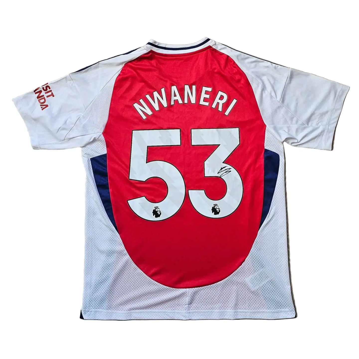 Back view of Arsenal signed football shirt with Nwaneri and No. 53 in red and white colors.