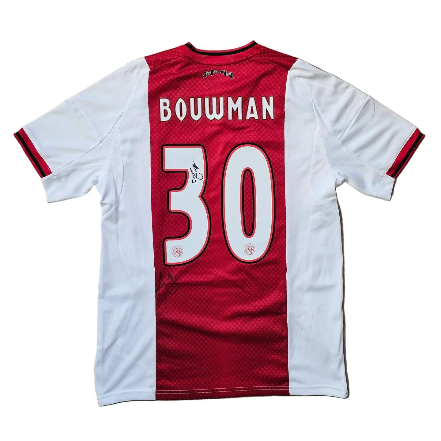 Back view of the signed Ajax shirt featuring the name BOUWMAN and No. 30, in red and white colors.