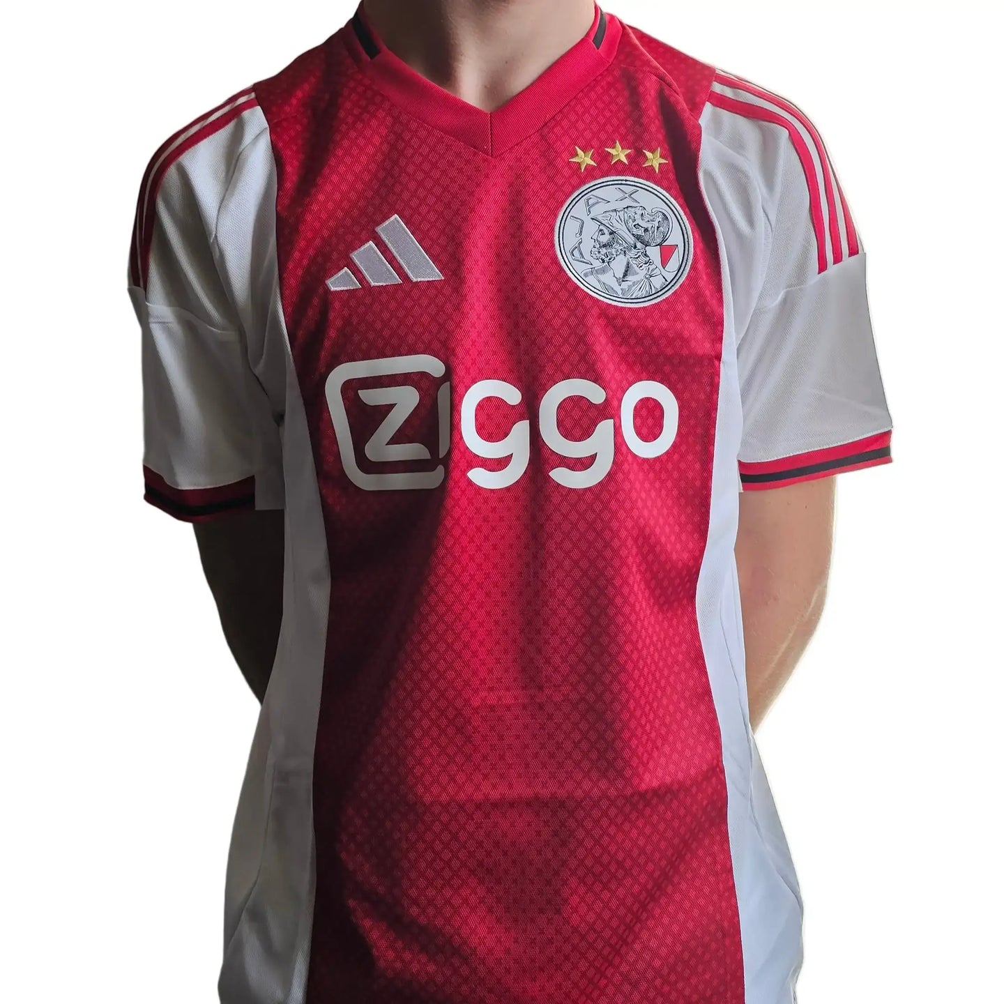 Ajax football shirt in red with white sleeves, featuring Ziggo logo, three stars, and No. 48.