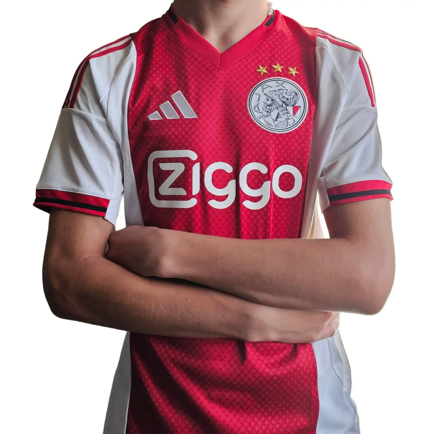 AFC Ajax football shirt in red and white with Ziggo logo and three stars above the crest.