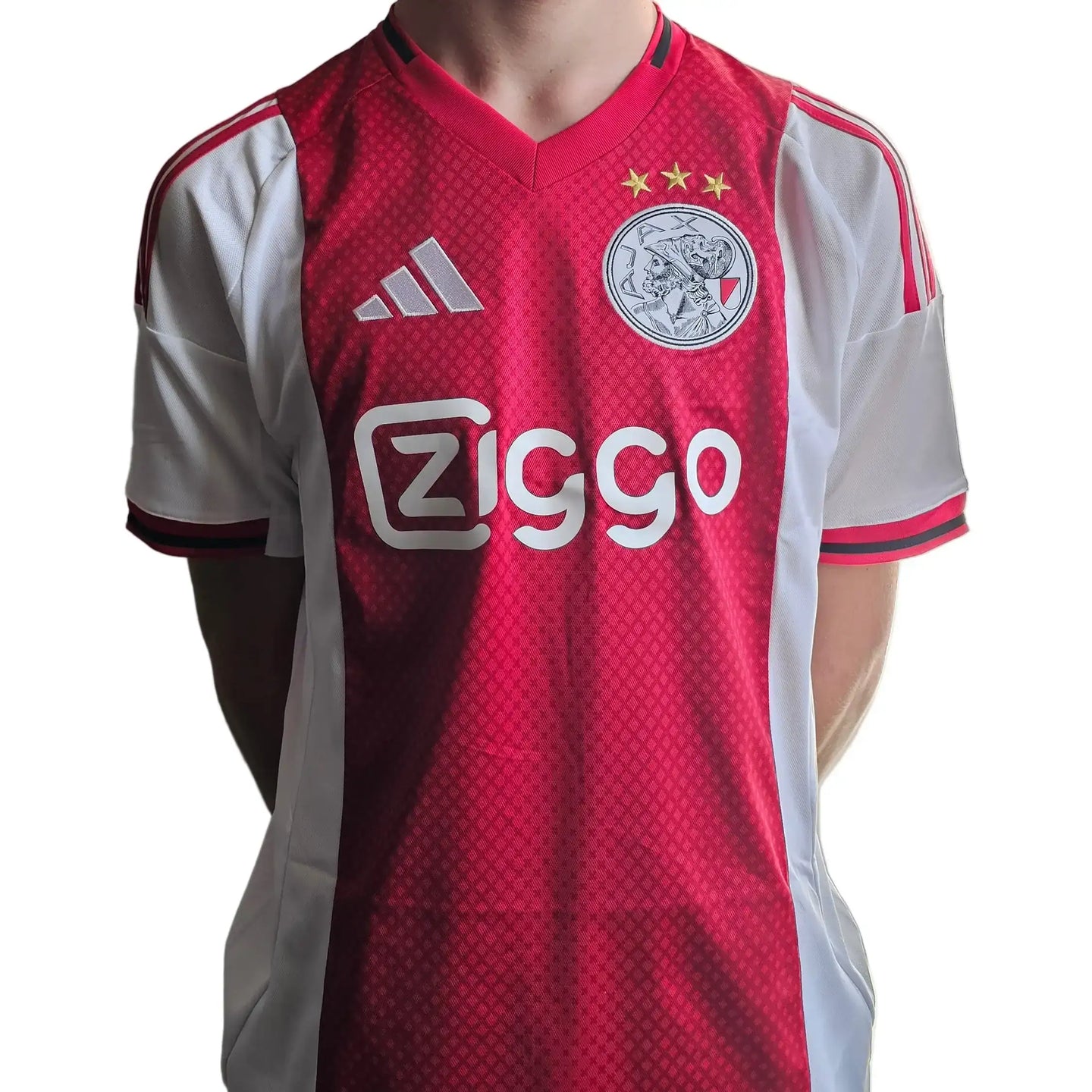 AFC Ajax shirt in red and white, featuring Ziggo logo, three stars, and adidas branding.