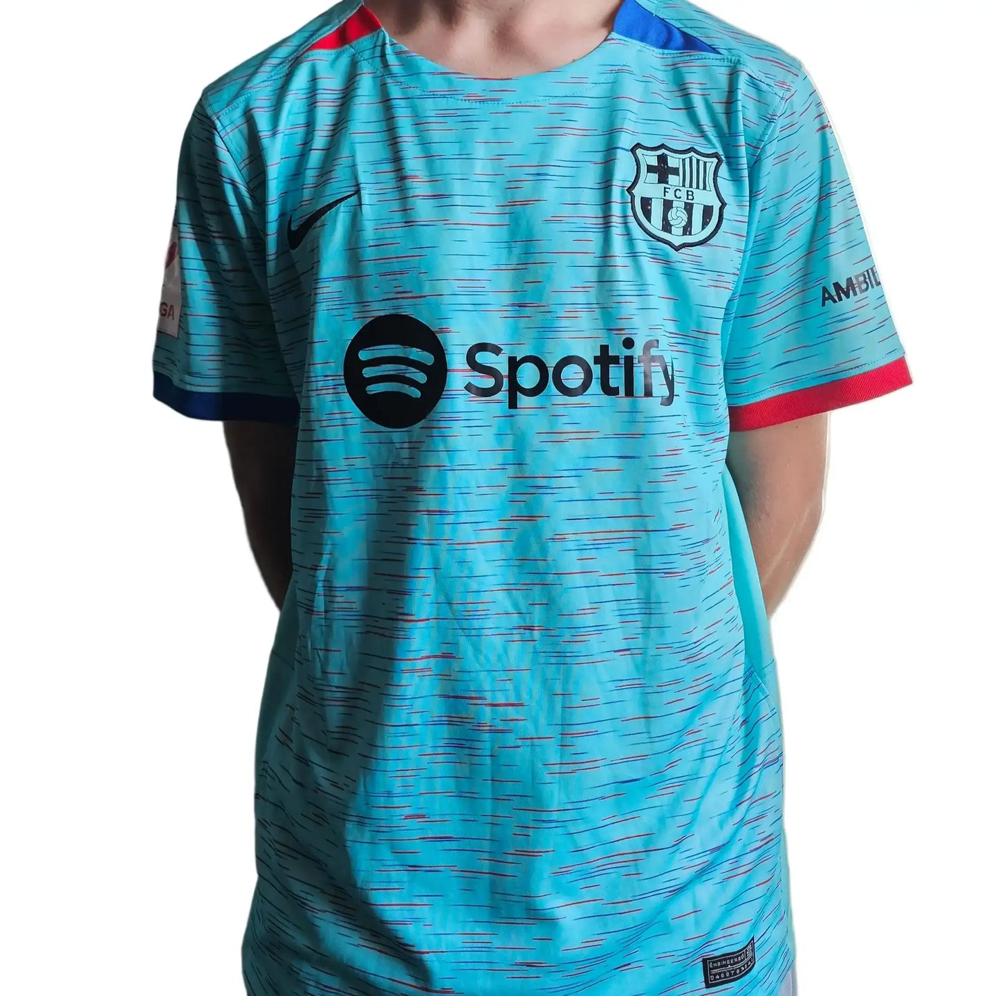 Signed Lamine Yamal 27 Barcelona 2023-2024 Away Football Shirt with Spotify logo and club crest.