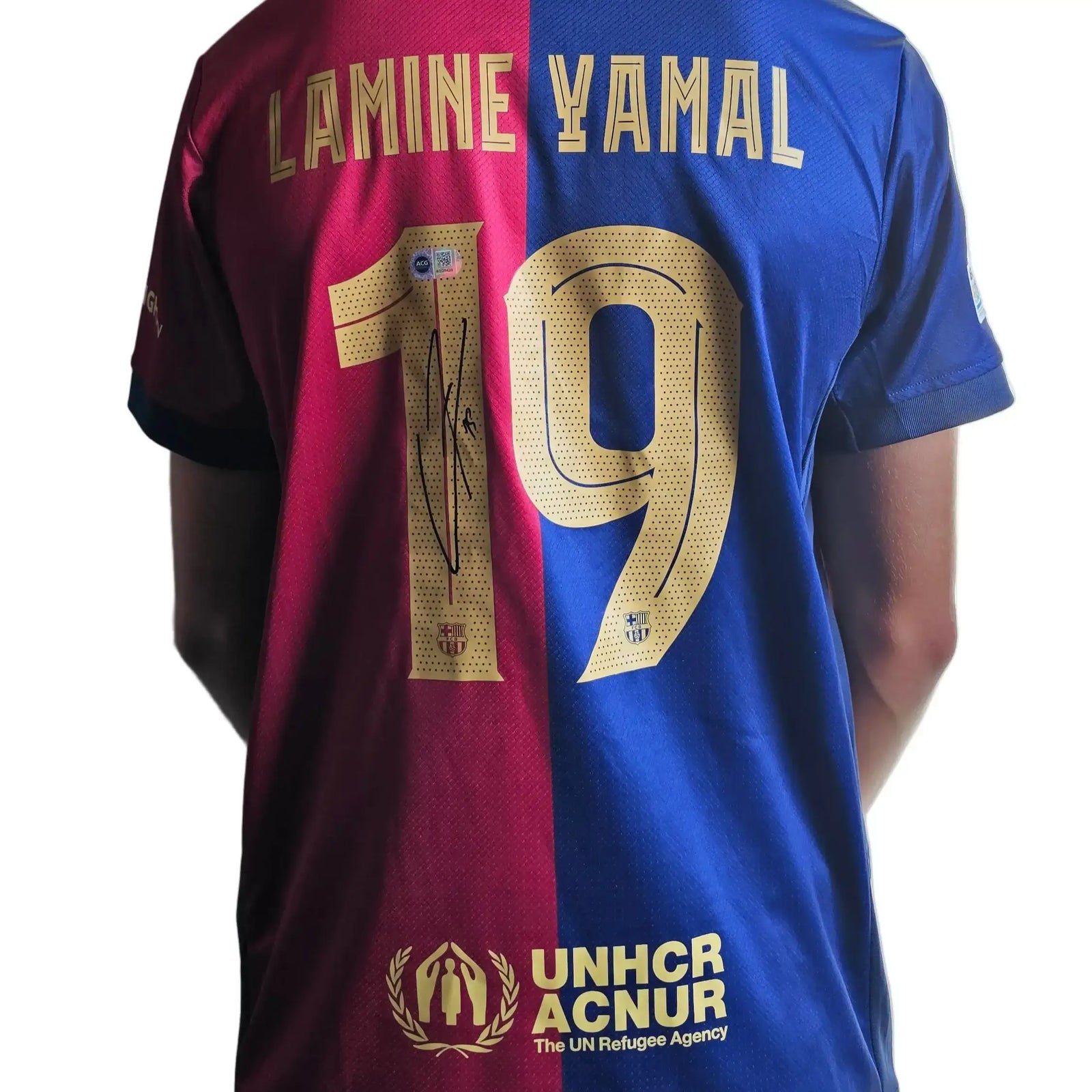 Lamine Yamal No. 19 signed football shirt with red and blue design and UNHCR sponsor logo.