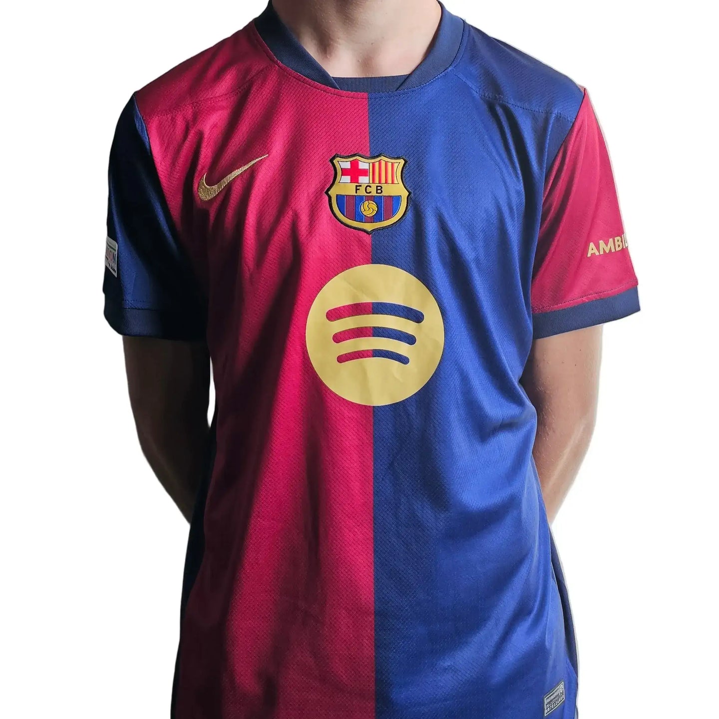 FC Barcelona signed shirt featuring blue and red design, crest with FCB, and Spotify sponsor logo.