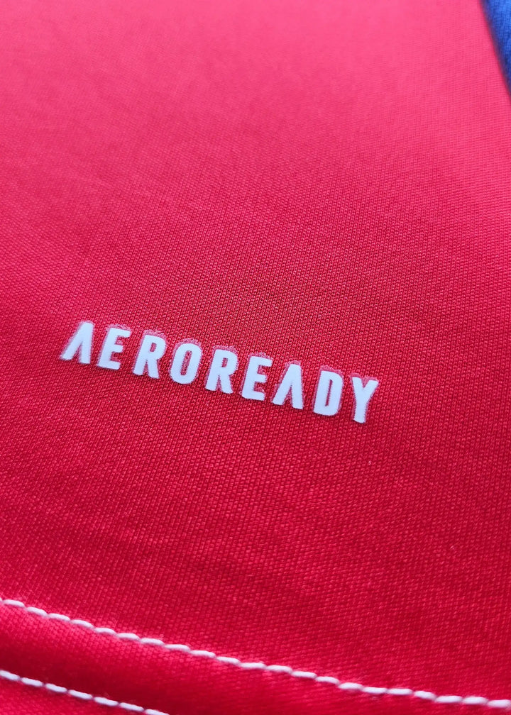 Close-up of red fabric featuring white &