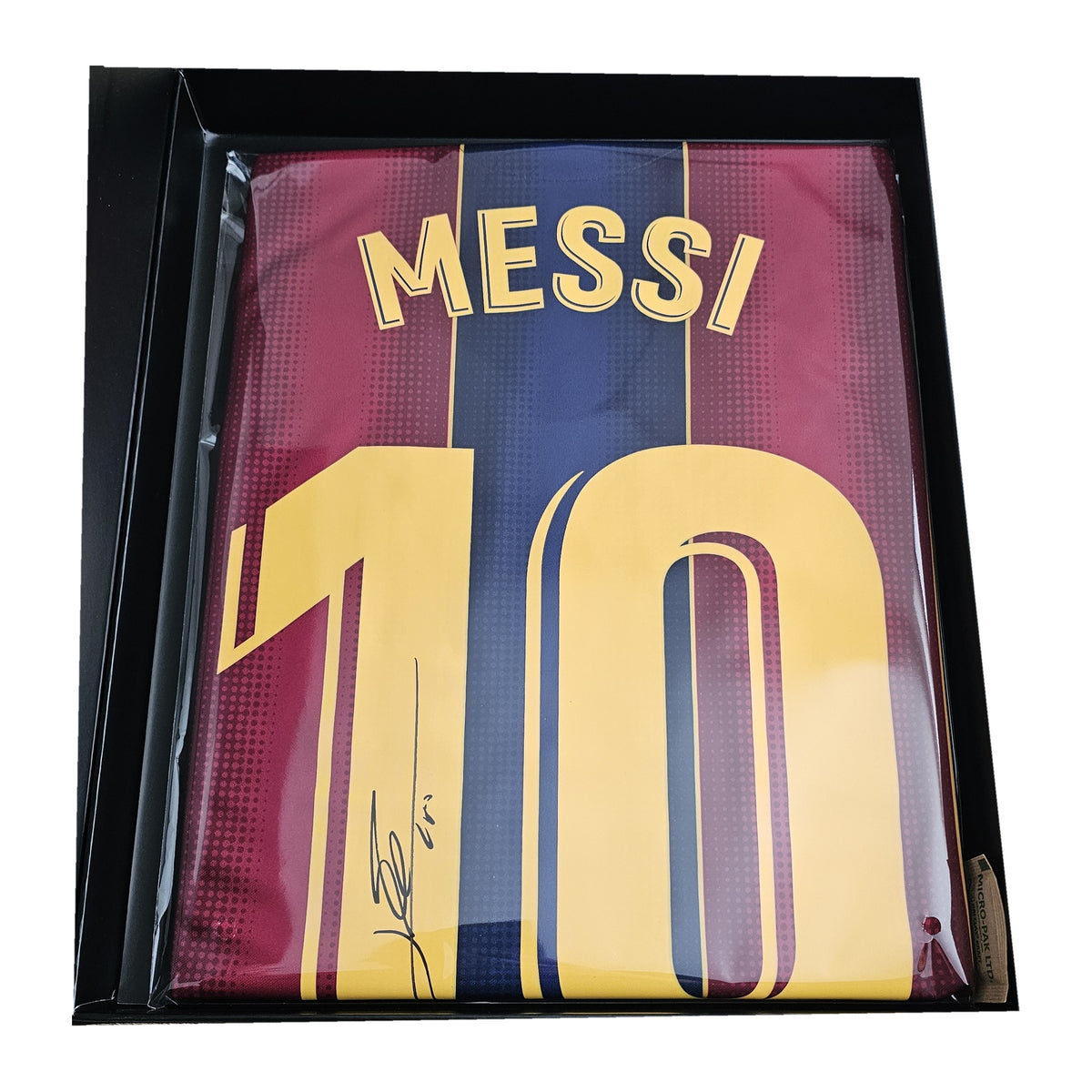 Messi's signed Barcelona 2020-21 shirt in its box tray, MESSI nameset and number 10 with his black-marker signature.