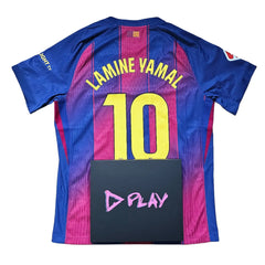 Back view displaying No. 10 and Lamine Yamal on a blue and red football shirt with D PLAY logo.