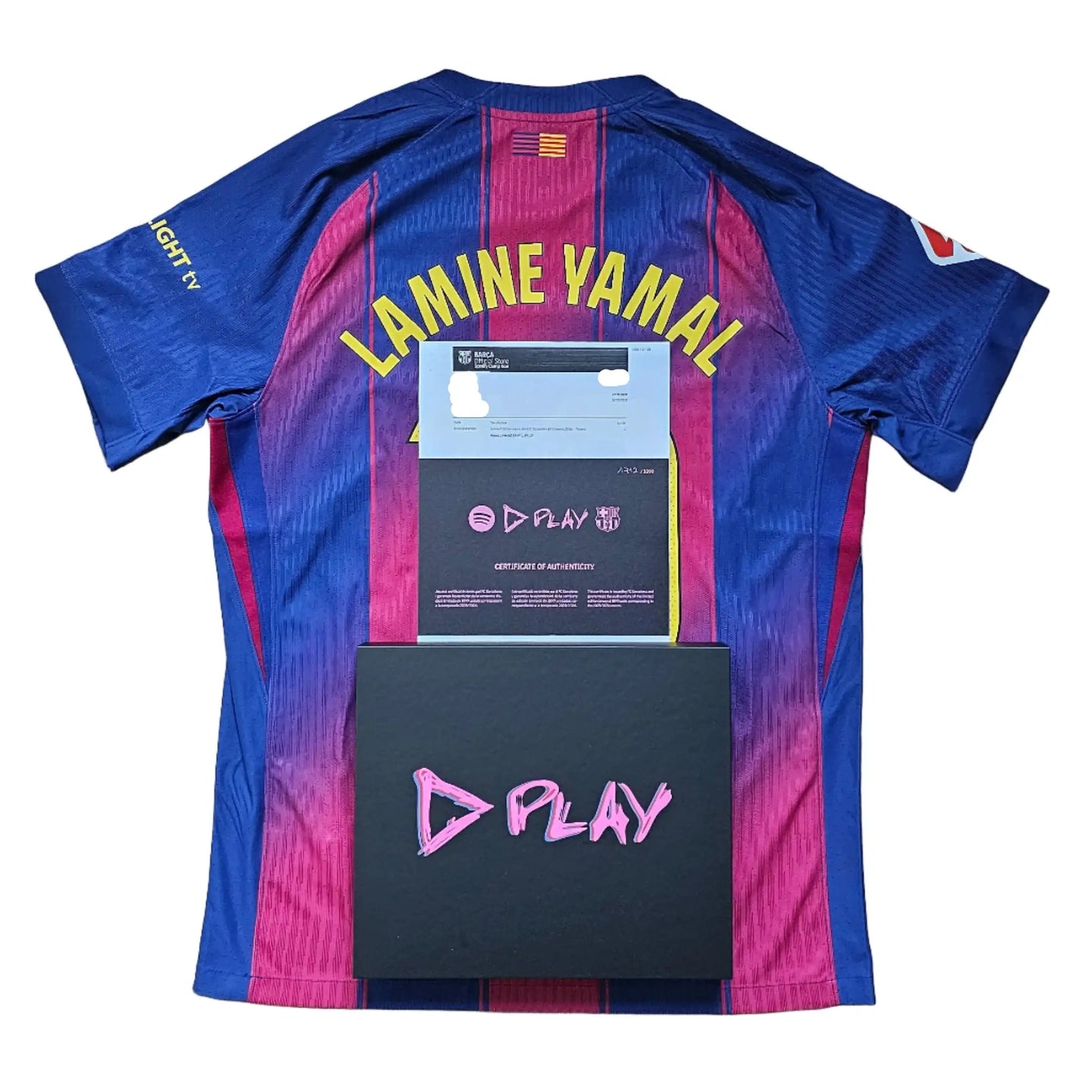 Back view displaying Lamine Yamal in yellow above the number, with D PLAY authenticity certificate.