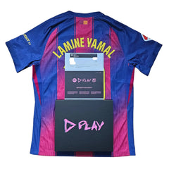 Back view displaying Lamine Yamal in yellow above the number, with D PLAY authenticity certificate.