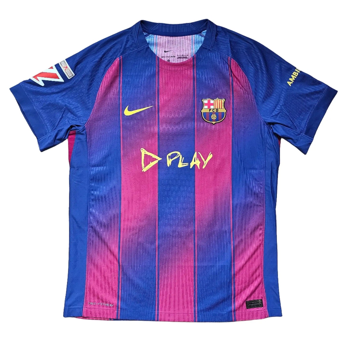 Front view of Barcelona football shirt in blue and red, with No. 10, D PLAY, and club crest.