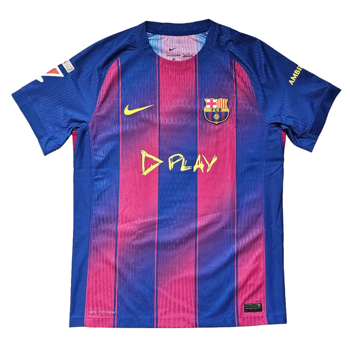 Front view of blue and red football shirt with FCB crest and D PLAY sponsor in yellow.