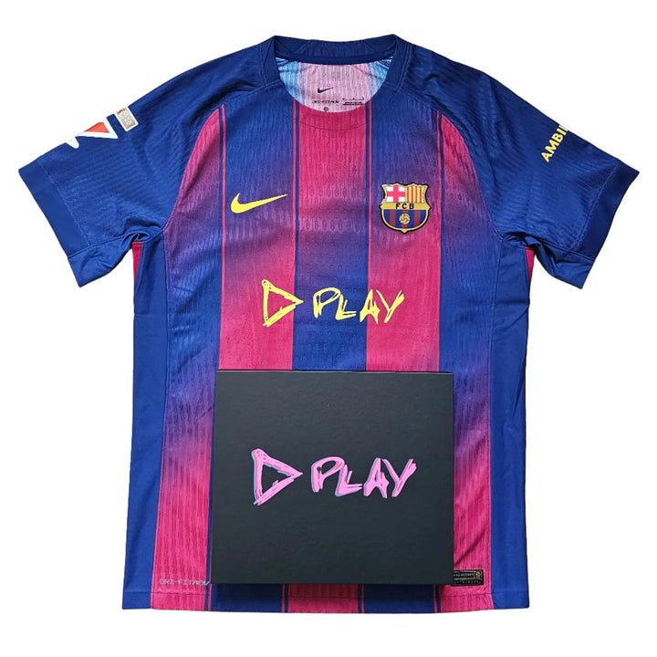 Front view showcasing FC Barcelona crest, No. 5, and D PLAY logo on a blue and red football shirt.