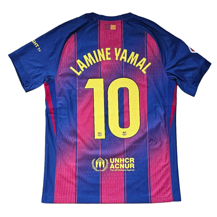 Back view featuring Lamine Yamal, No. 10, and UNHCR ACNUR logo on the football shirt.