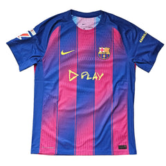 Front view of a Barcelona football shirt in blue and red featuring the crest and D PLAY sponsor.