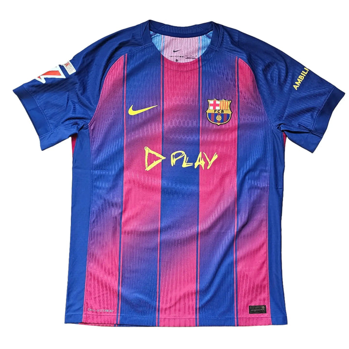 Front view of a Barcelona football shirt in blue and red featuring the crest and D PLAY sponsor.