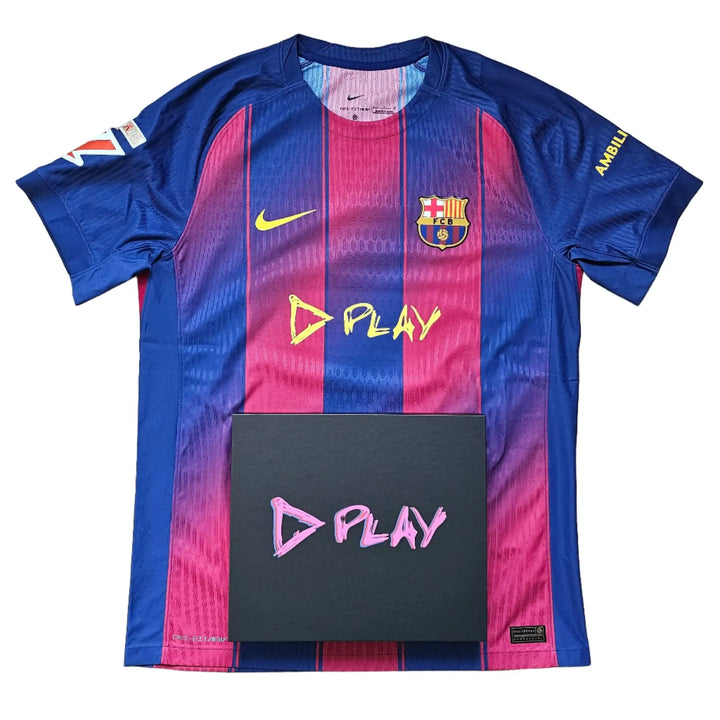 Front view displaying FC Barcelona crest, No. 10, and D PLAY branding prominently featured.