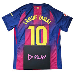 Back view displaying No. 10 and Lamine Yamal on a blue and red football shirt with PLAY logo.