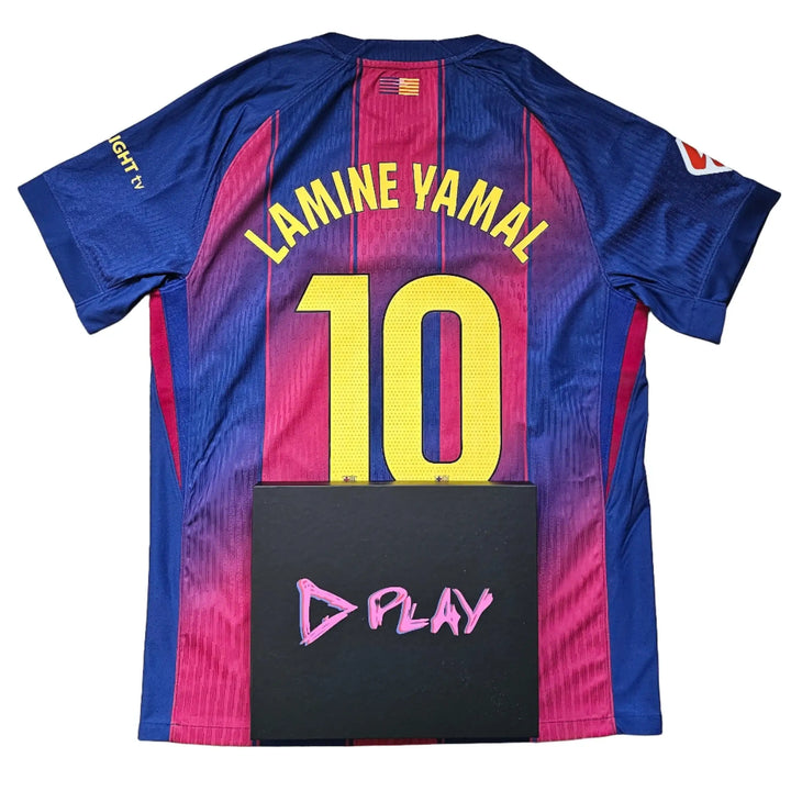 Back view displaying No. 10 and Lamine Yamal on a blue and red football shirt with PLAY logo.