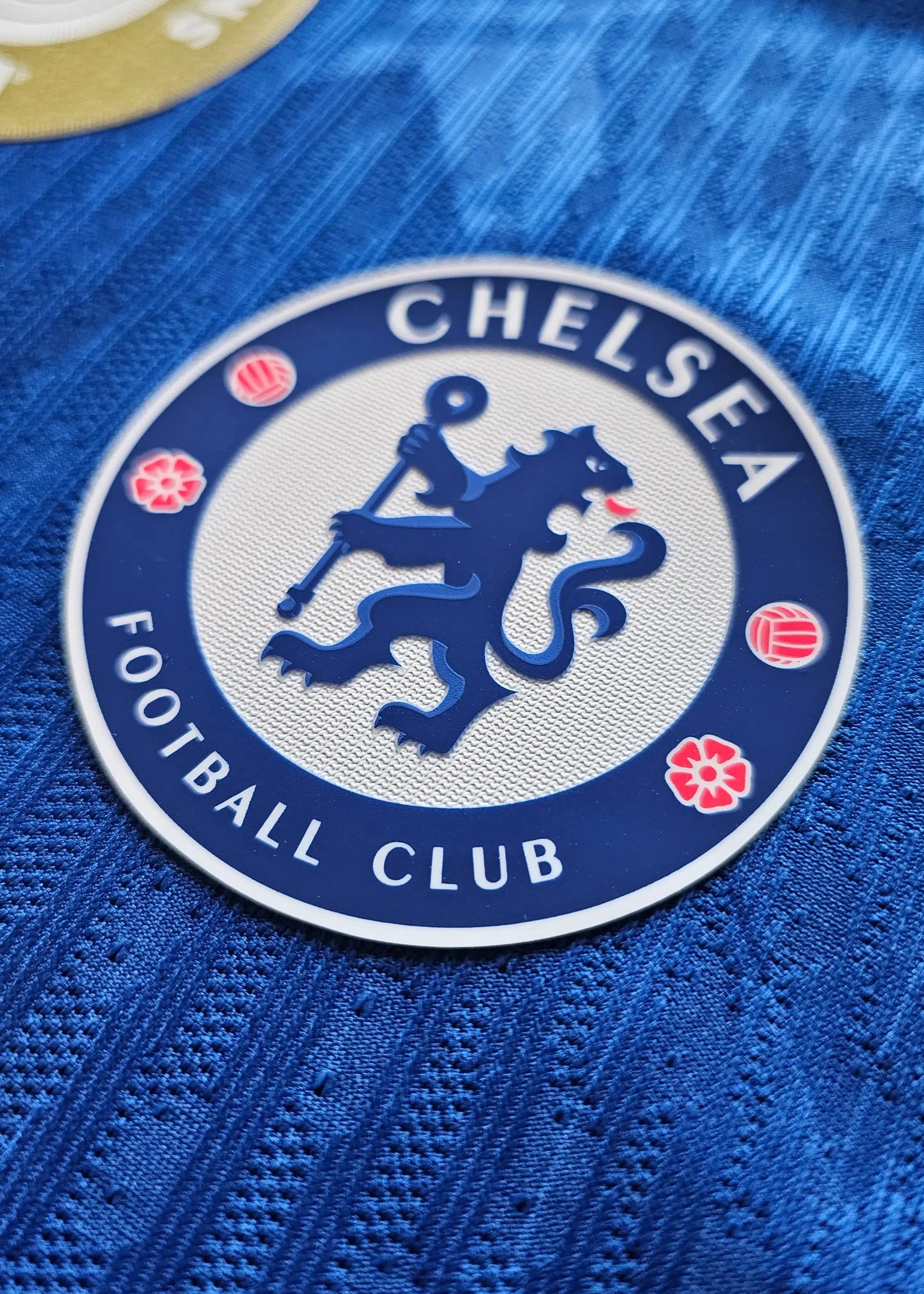 Close-up of the Chelsea F.C. crest featuring a lion and the text FOOTBALL CLUB.