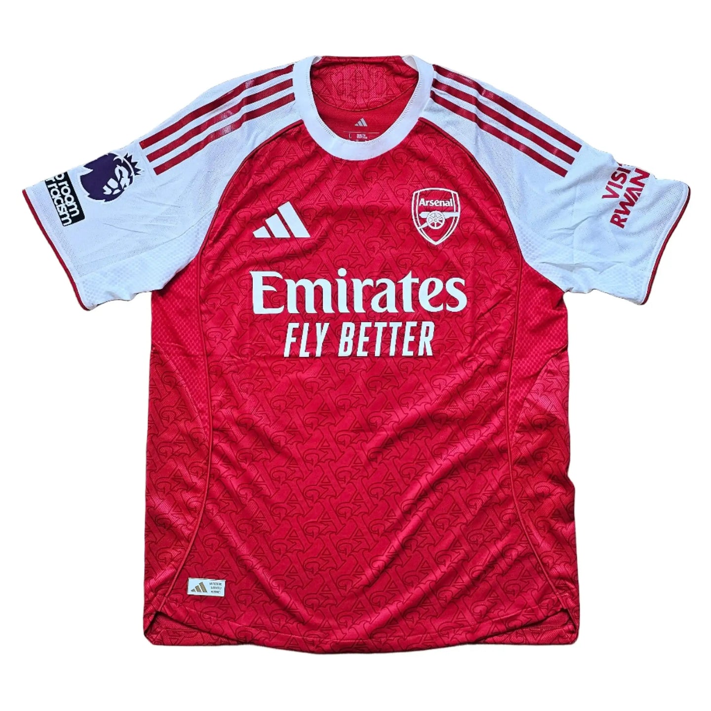 Back view showing Arsenal crest, red and white colors, and 'Emirates FLY BETTER' sponsor text.