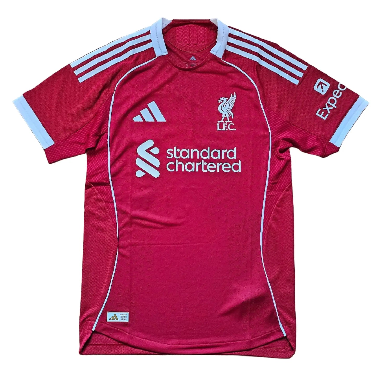 Back view showing L.F.C. crest, adidas logo, and standard chartered in red and white.