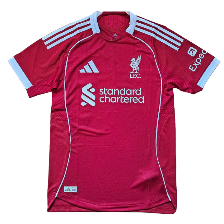 Back view showing L.F.C. crest, adidas logo, and standard chartered in red and white.