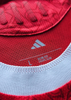 Inside view showing size label 'L' and text 'SLIM FIT' on red fabric with white collar.