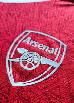 Close-up view of Arsenal crest with club name and cannon logo in white on a red background.