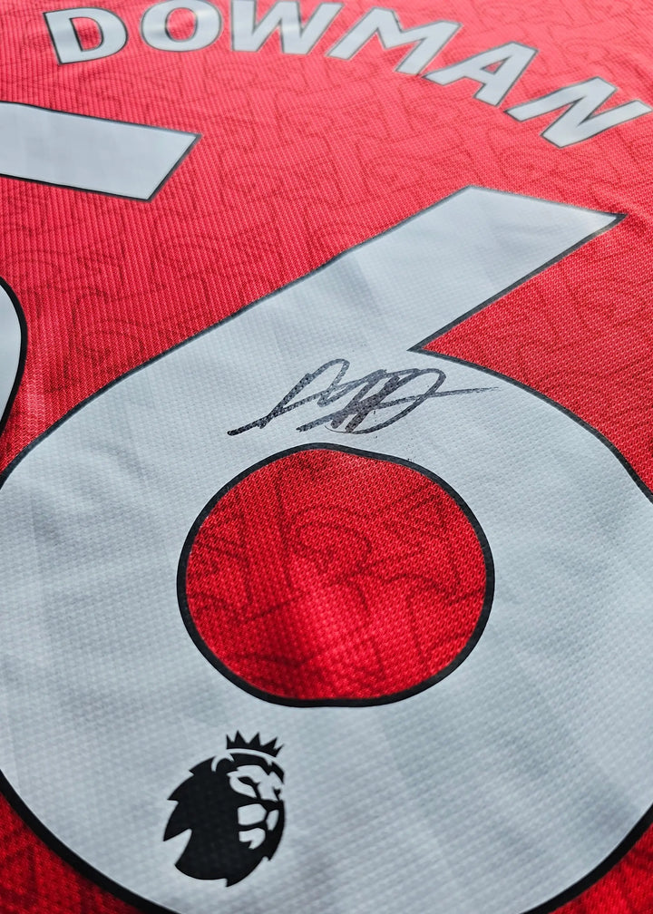 Close-up of the No. 56 and signature on Max Dowman’s Arsenal football shirt.
