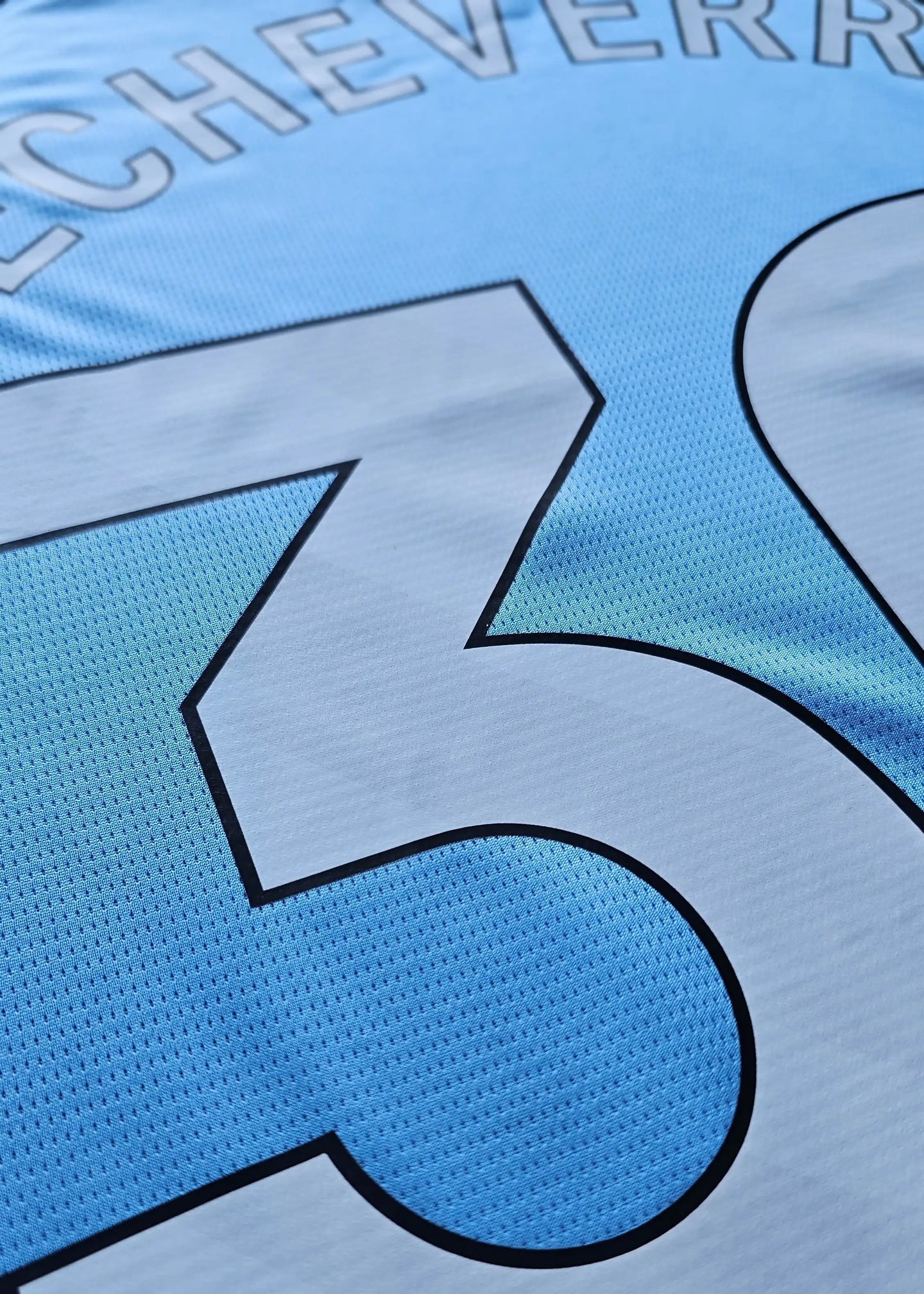 Close-up showing the name Echeverri and No. 30 on the light blue football shirt.
