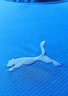 Close-up showing the Puma logo in white on a blue fabric.