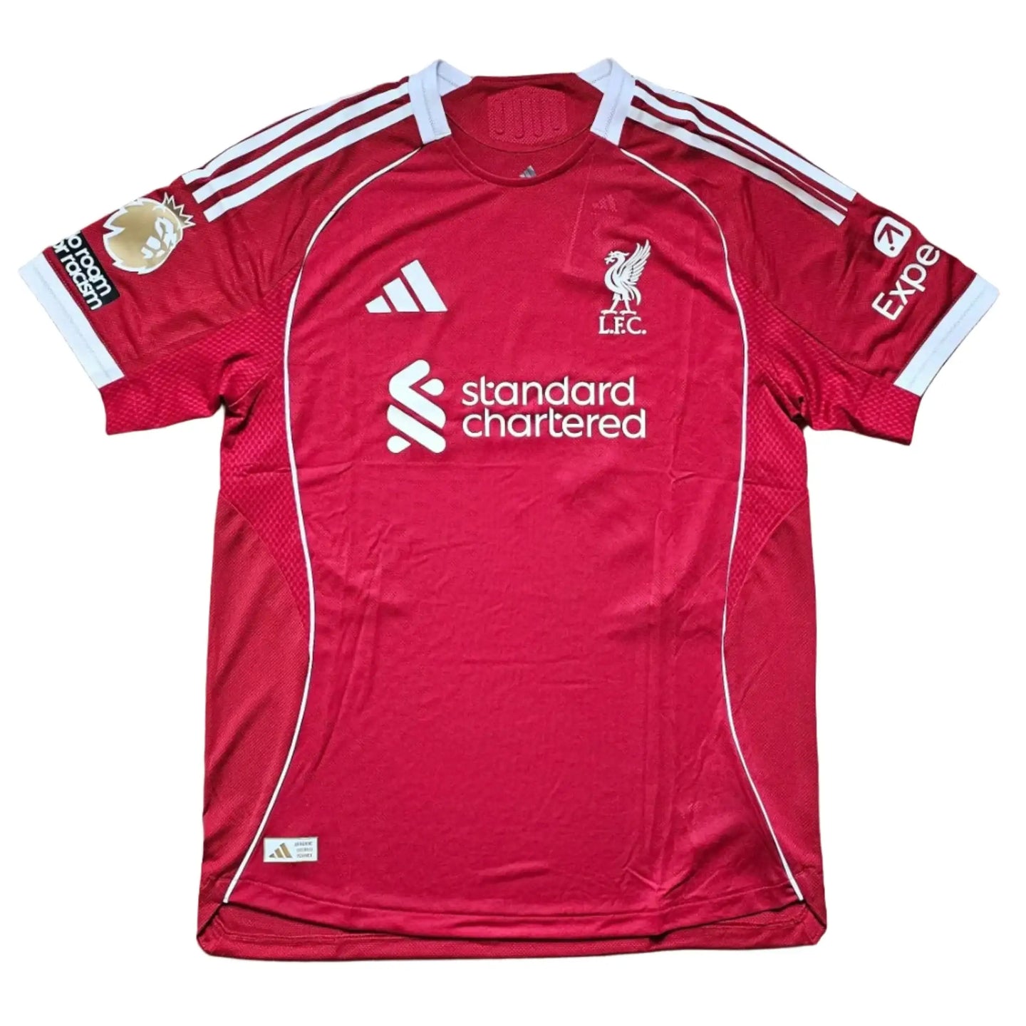 Back view showing Liverpool crest, adidas logo, and standard chartered sponsor.