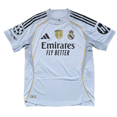 Back view showing Real Madrid crest, adidas logo, and UEFA Champions League patch.