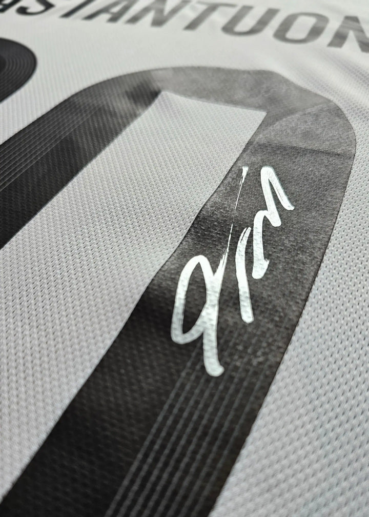 Close-up of the No. 30 and the signature of Franco Mastantuono on a football shirt.