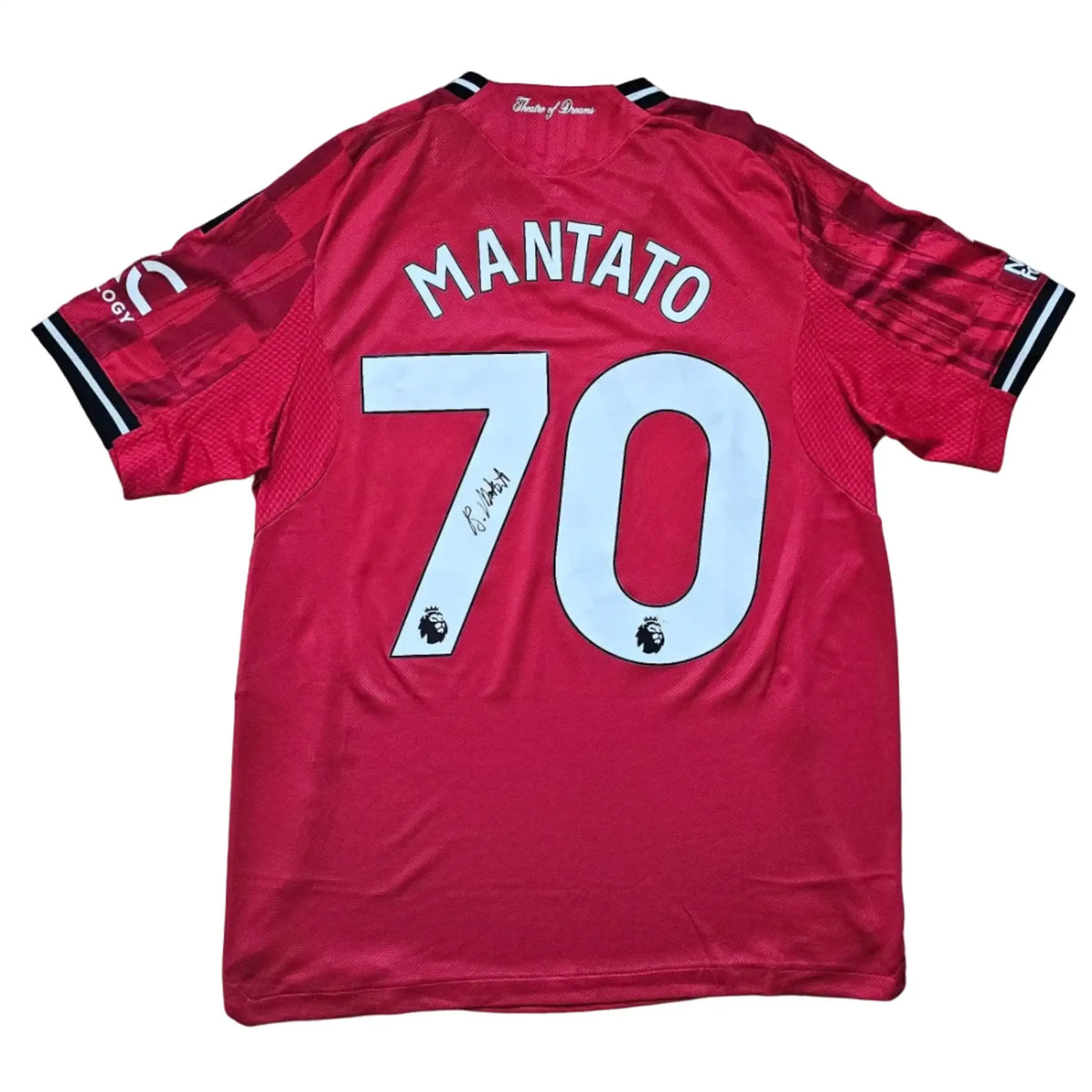 Back view featuring Mantato, No. 70, with a visible black signature on the shirt.
