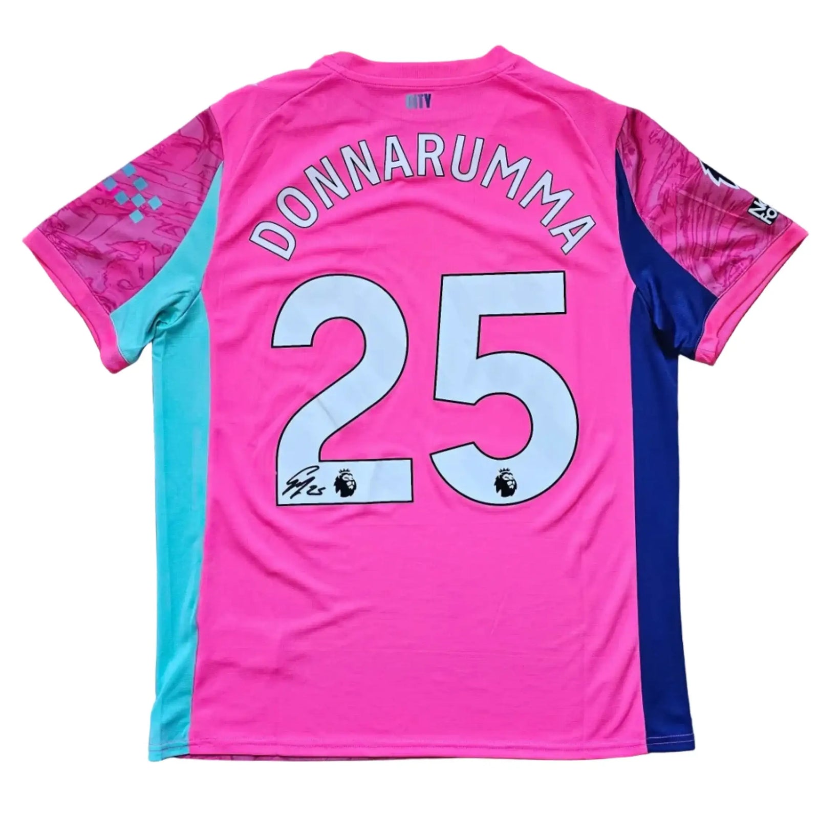Back view displaying Donnarumma, No. 25, with a visible signature on a pink football shirt.