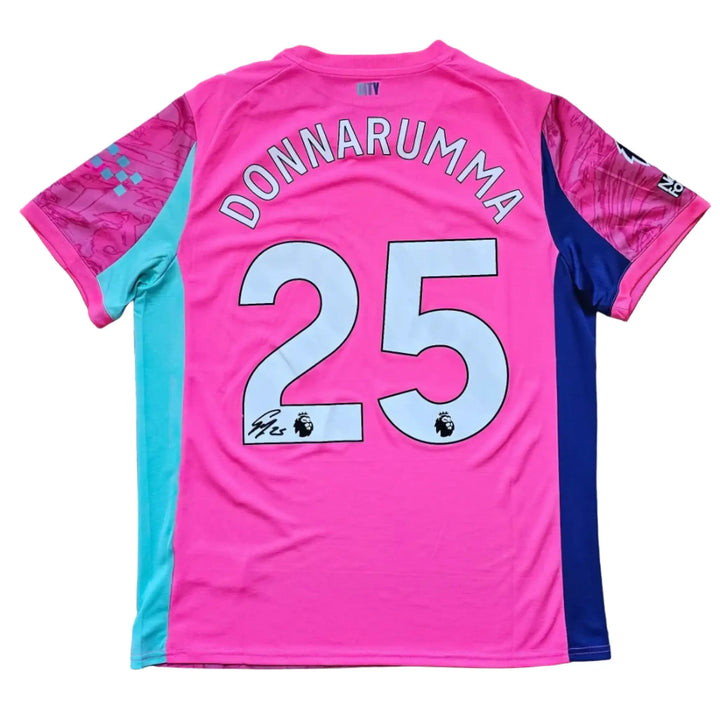 Back view displaying Donnarumma, No. 25, with a visible signature on a pink football shirt.