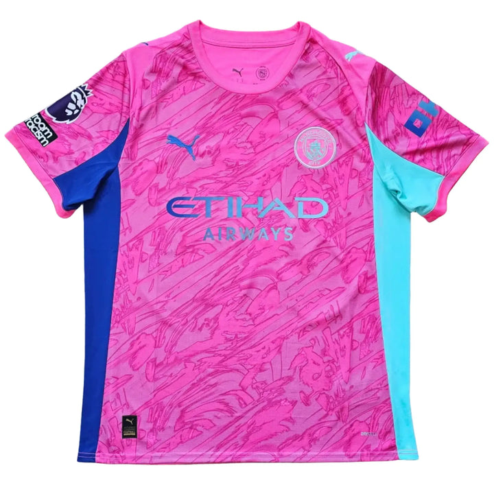 Back view showing Etihad Airways sponsor, Manchester City crest, and pink design.