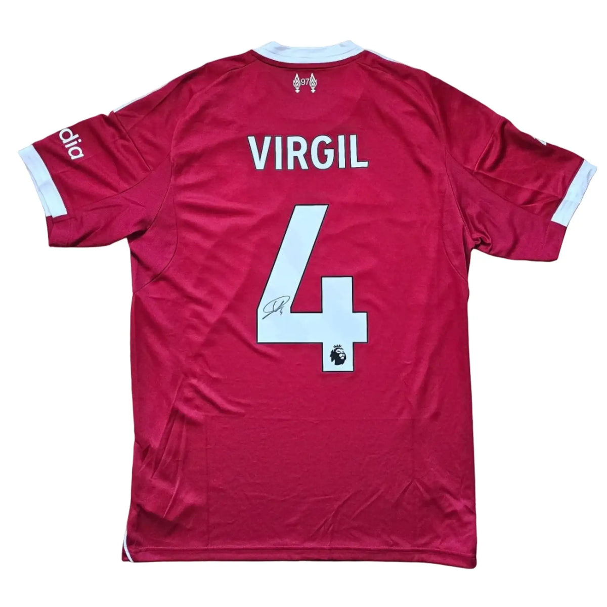 Back of Virgil van Dijk's red Liverpool F.C. 2025-2026 shirt, 'VIRGIL' and number 4 in white, a black signature across the 4 above a small Premier League badge.
