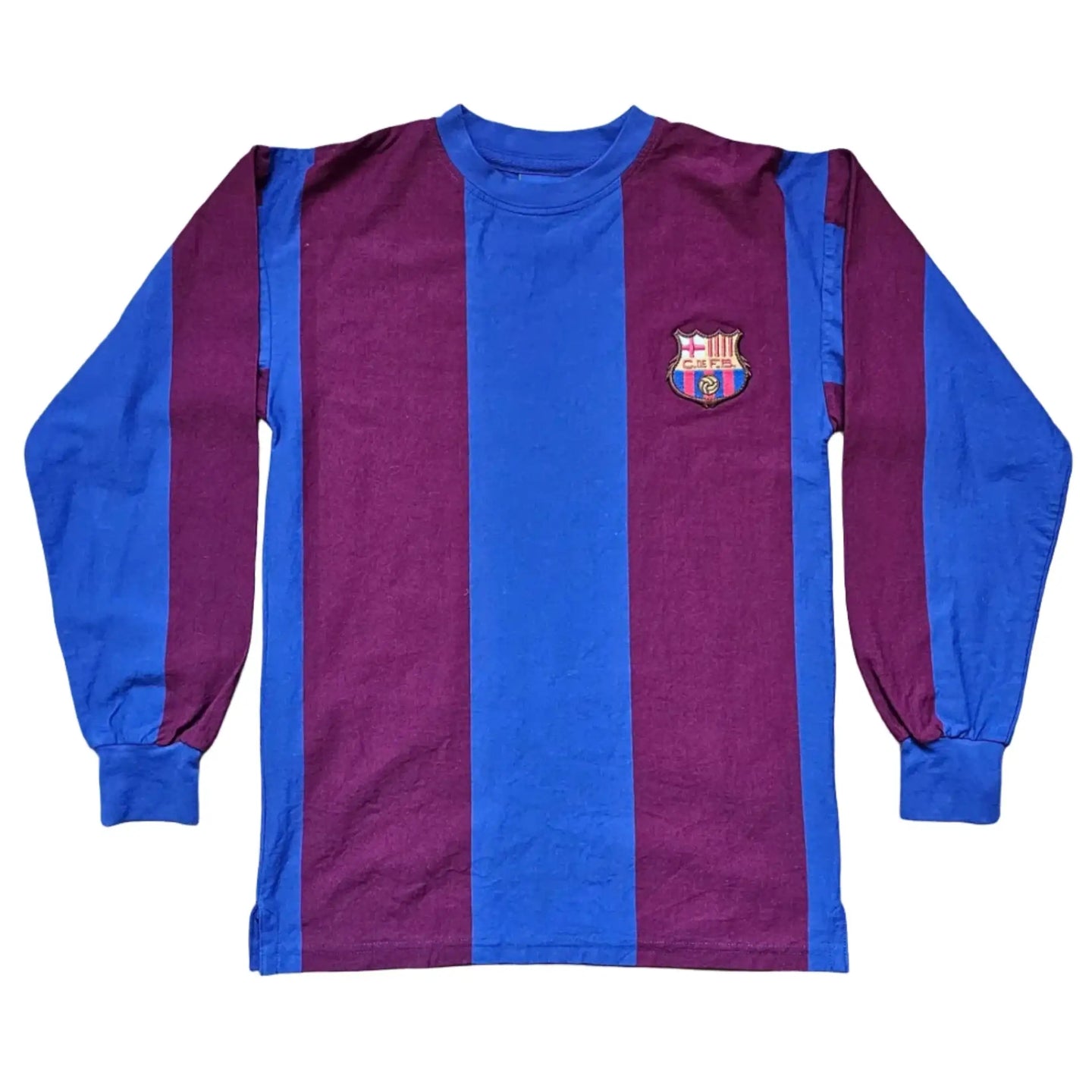 Back view showing FC Barcelona crest and vertical red and navy stripes.