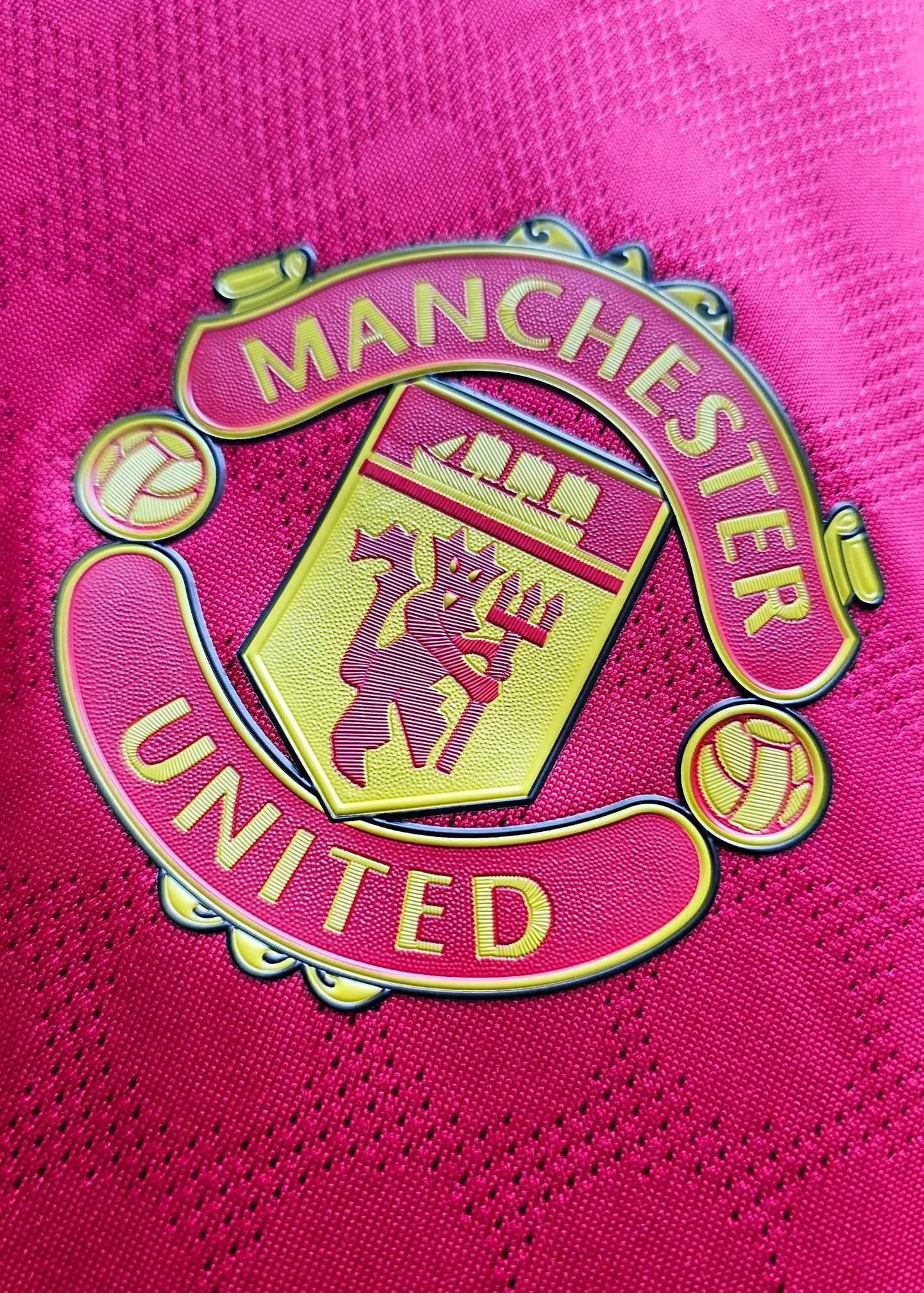Crest detail of Manchester United featuring a golden lion on a red background.