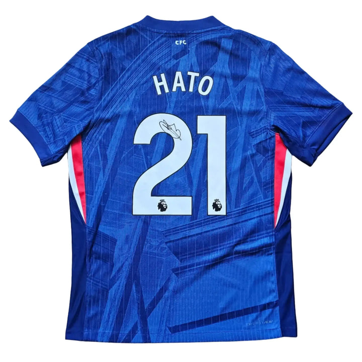 Back view showing HATO and No. 21 on a blue football shirt with the Premier League logo.