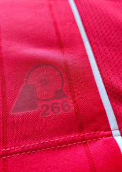 Detail view showing the red fabric with a logo featuring a wheel and the number 266.