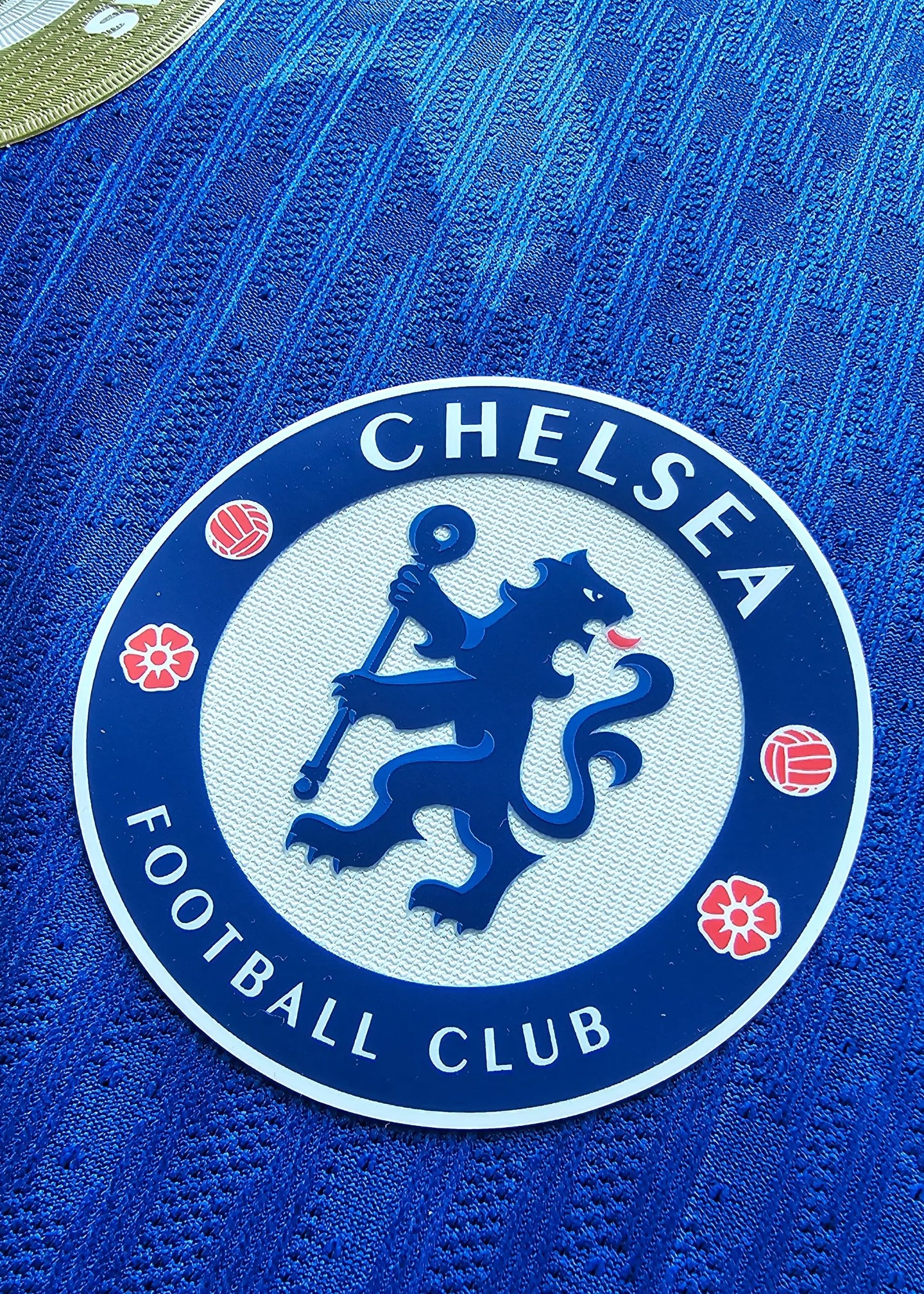 Close-up of Chelsea F.C. crest with lion emblem and text 'CHELSEA FOOTBALL CLUB'.