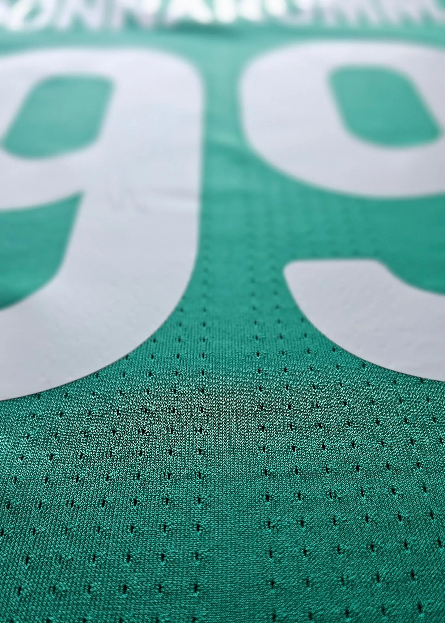 Close-up view showing No. 99 and name Donnarumma on a green football shirt.