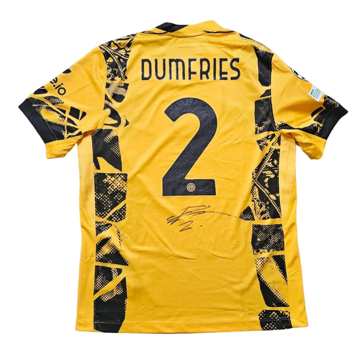 Back view showing Dumfries name, No. 2, and signature on a yellow football shirt.